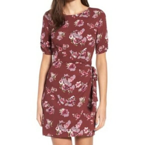 ASTR Floral Front Wrap Dress Brown Sz XSmall Round Neck Ruche Short Sleeve - Picture 1 of 11